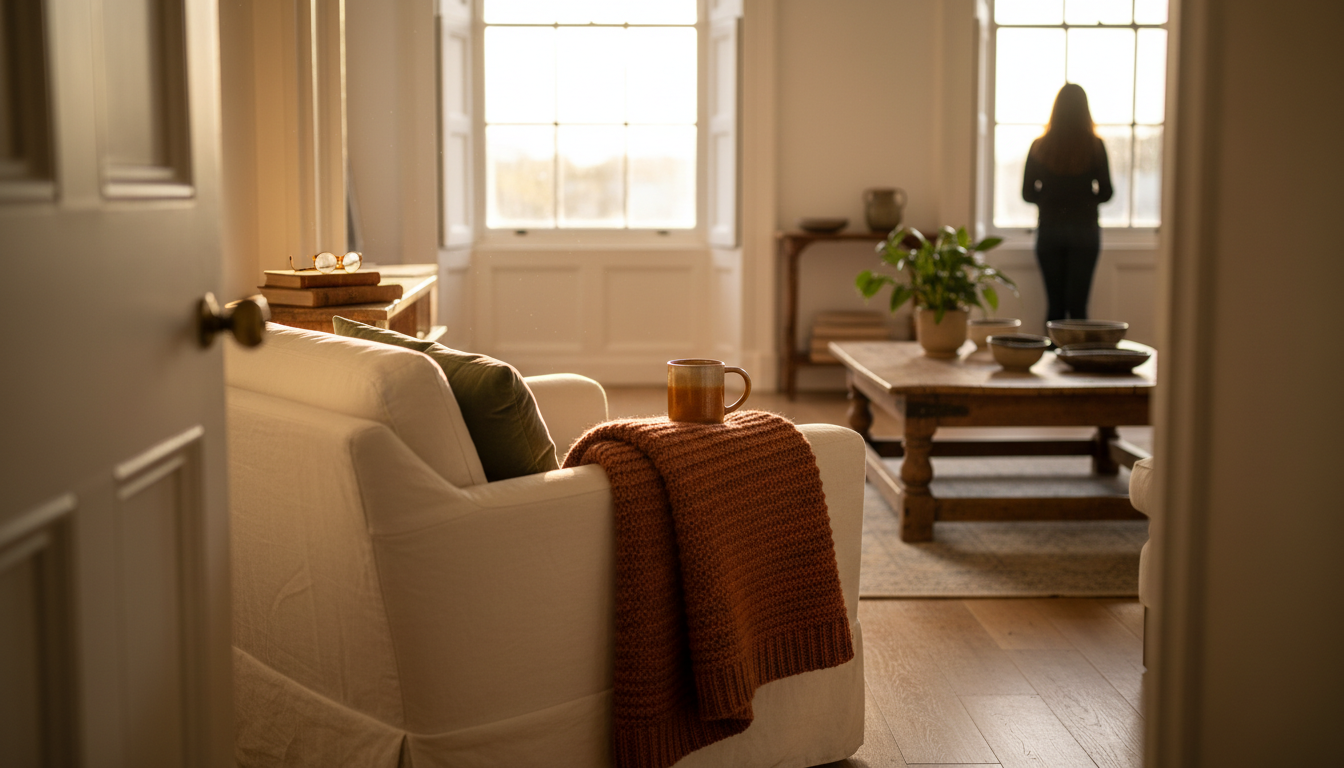 Interior of a bright Georgian flat in Clifton with tall windows, period features, and autumn light s