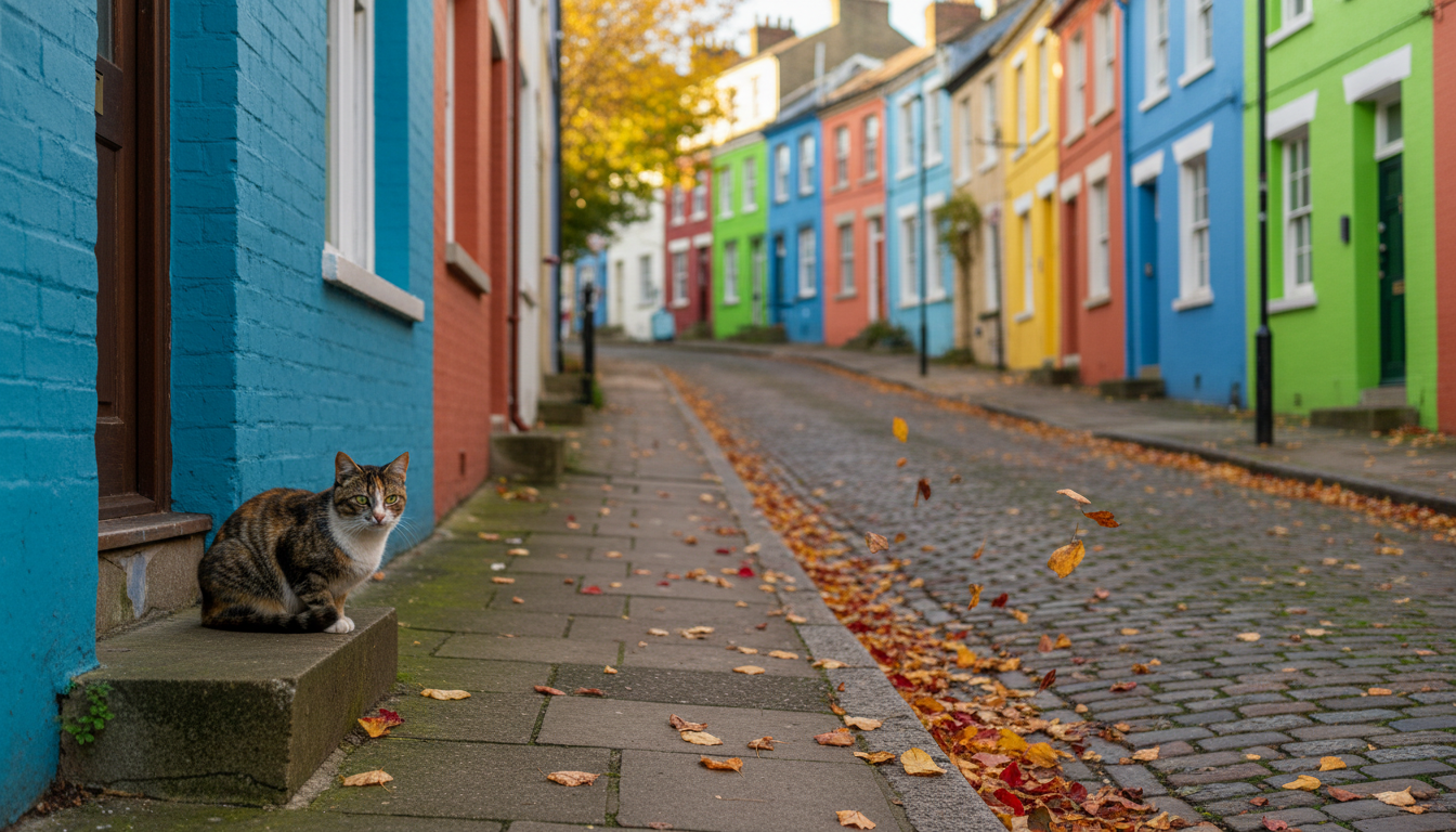 Colorful painted houses on a steep street in Montpelier, Bristol, with autumn leaves on the ground a