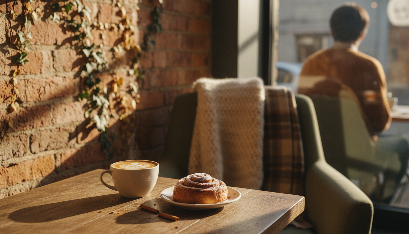 A cozy corner table at a Bristol caf with autumn light through the window, a flat white and cinnamon