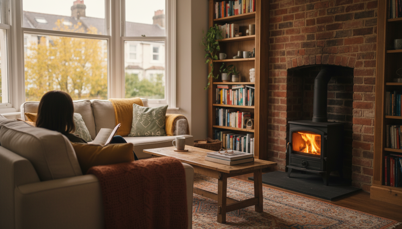 A welcoming Bristol living room with a wood-burning stove lit, books on shelves, a cozy sofa with bl