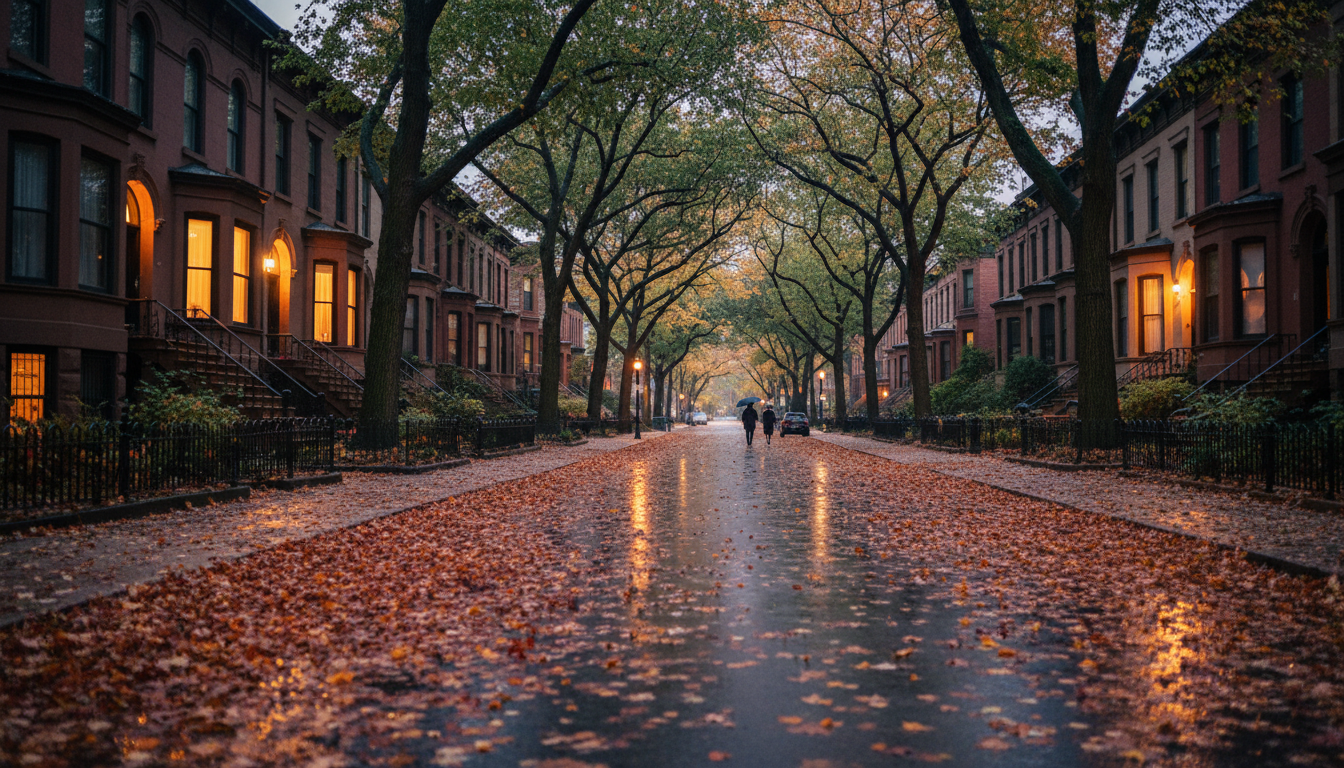 Tree-canopied residential street in Lincoln Park Chicago with Victorian brownstones, fallen autumn l