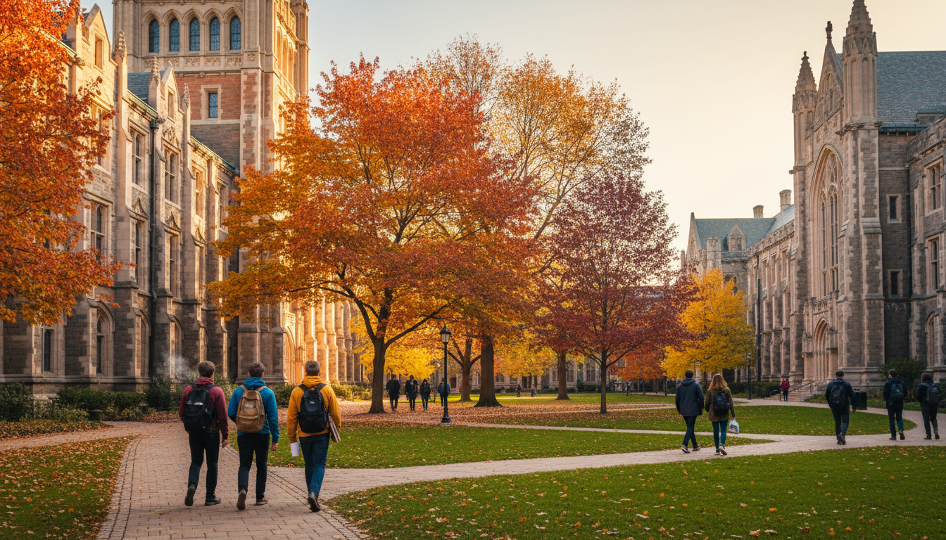 Gothic architecture of University of Chicagos main quad with students walking beneath trees displayi