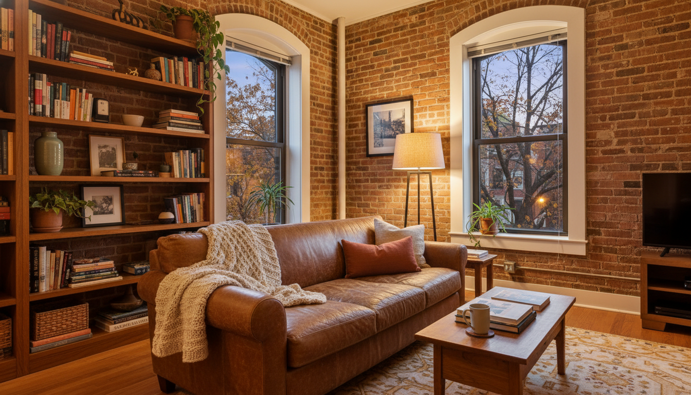Cozy interior scene of a Chicago apartment living room with exposed brick, a worn leather couch, boo