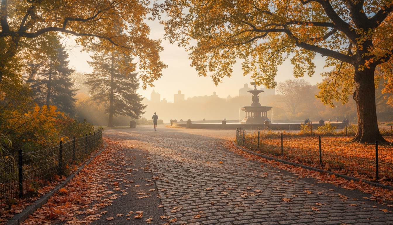 Early morning in Central Park during peak fall foliage, golden maple leaves scattered on the path ne