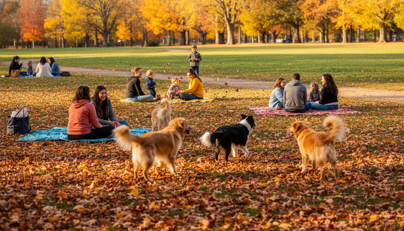 Prospect Parks Long Meadow in peak autumn, families having picnics on blankets, golden light, dogs r