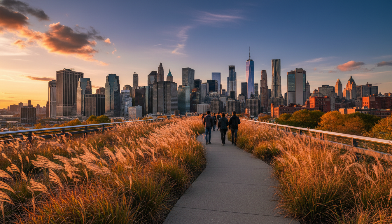 The High Line in autumn, ornamental grasses in copper and gold tones, the New York skyline in the ba