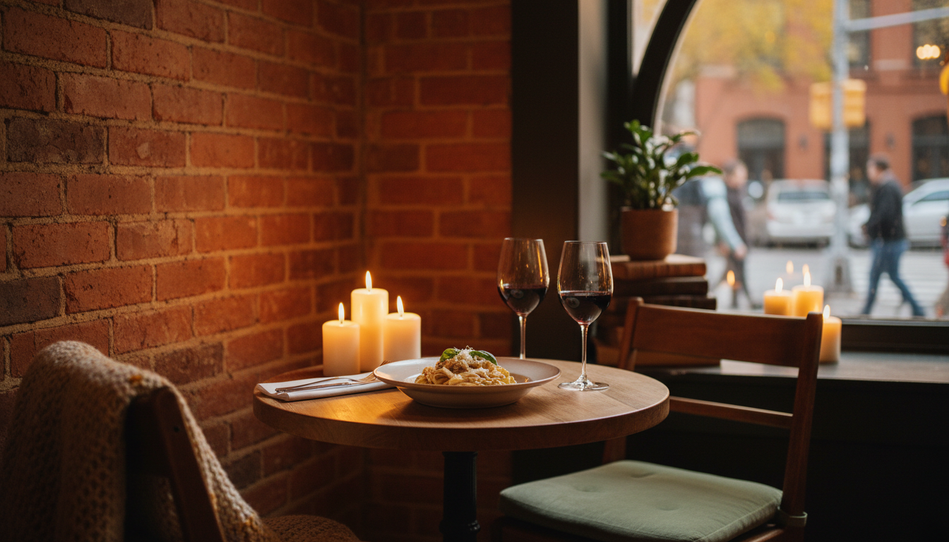 Cozy corner table at a dimly lit New York restaurant in autumn, candles on the table, a plate of pas