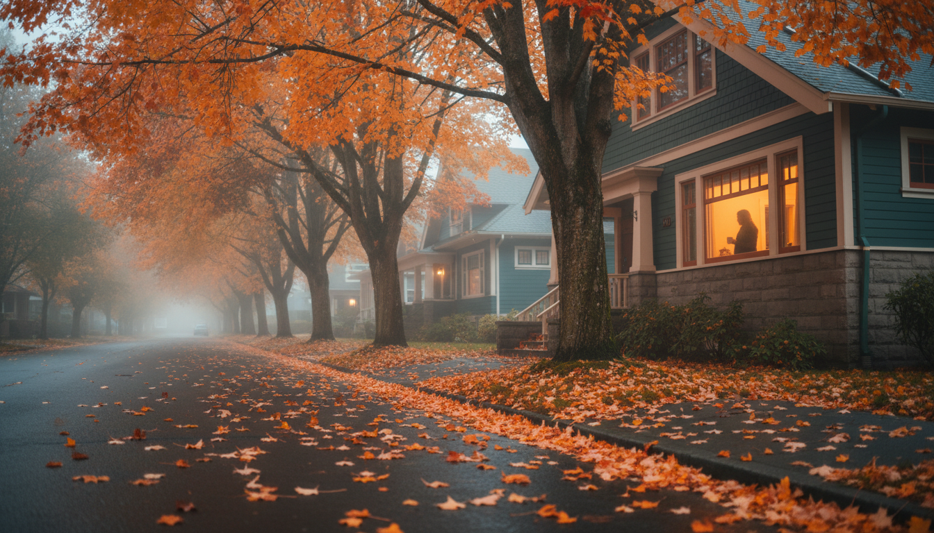 Misty morning view of Portlands Hawthorne district with vintage Craftsman homes lining a tree-canopi