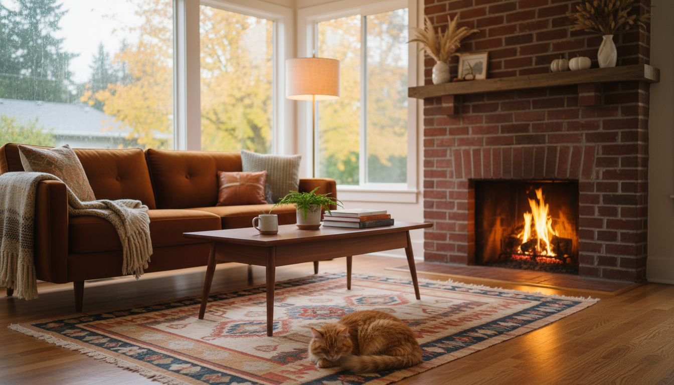 Cozy living room interior of a Portland bungalow with exposed brick fireplace, mid-century modern fu