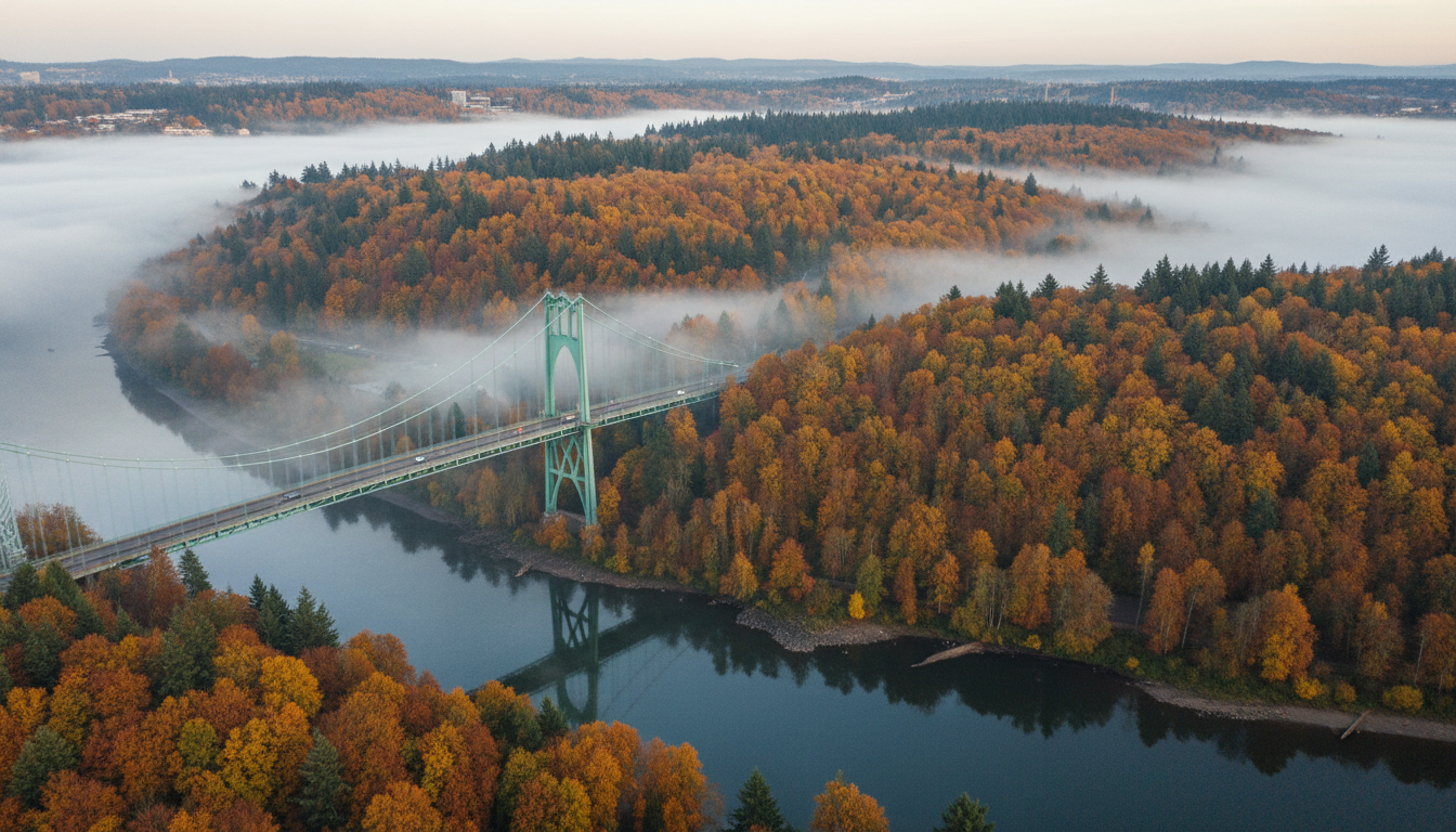 Aerial view of Portlands St. Johns Bridge emerging from morning fog, surrounded by Forest Parks autu