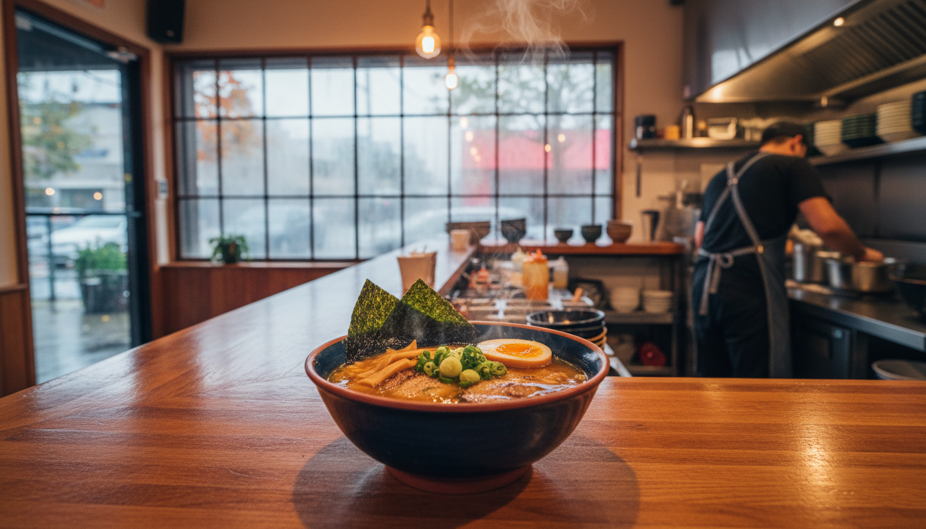 Steaming bowl of ramen at a Portland restaurant counter, autumn rain visible through fogged windows,