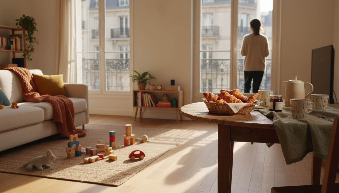 A sun-filled Parisian apartment living room with kids toys visible, large windows overlooking Haussm