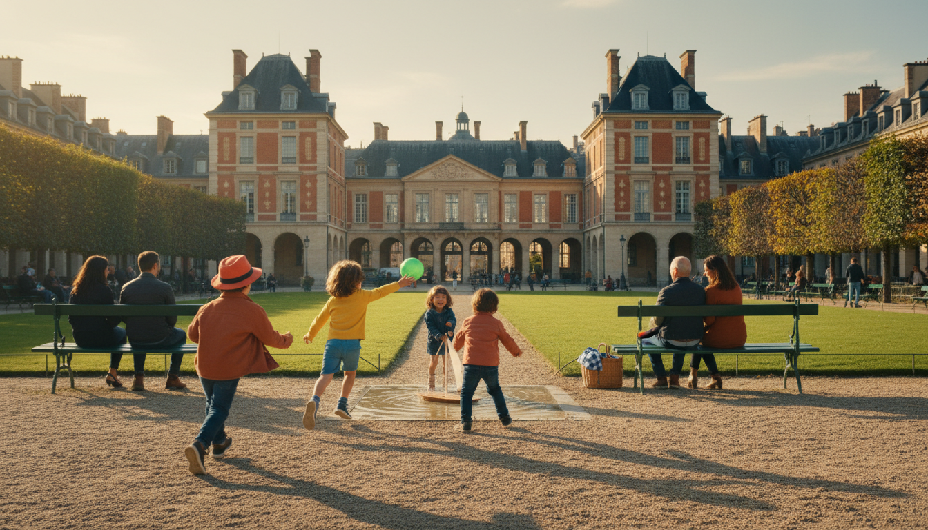 Children playing in the Place des Vosges garden with the iconic red-brick arcaded buildings in the b