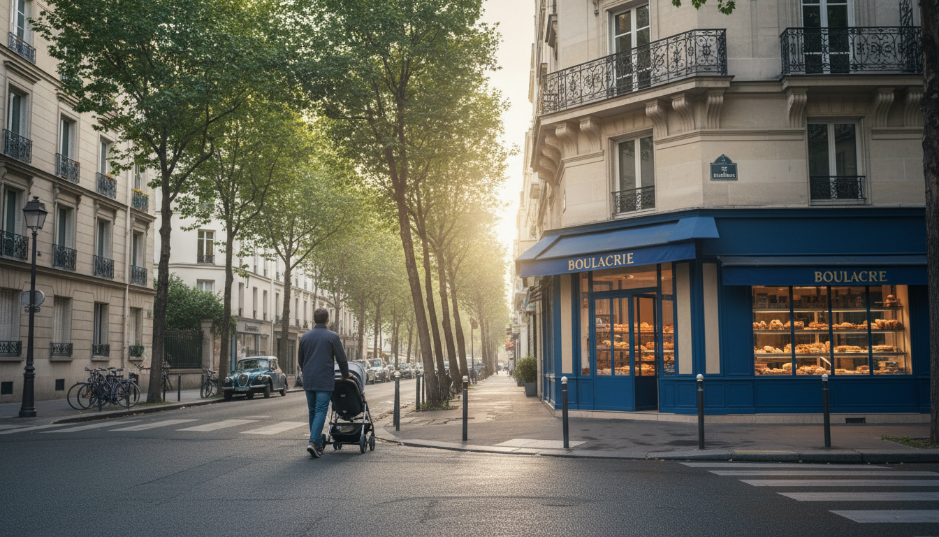 A quiet tree-lined street in the 15th arrondissement with a parent pushing a stroller past a corner