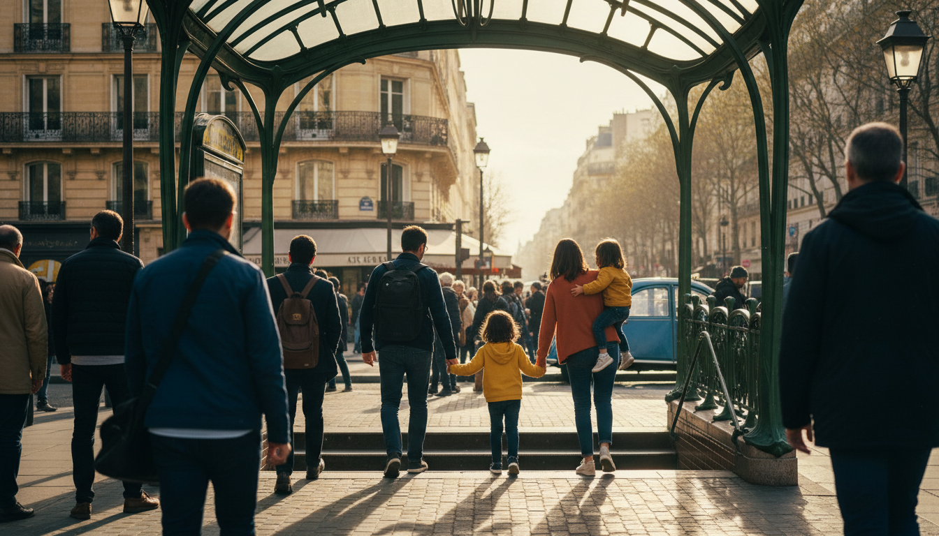 A family with two children exiting a Paris Mtro station Line 1, the iconic Art Nouveau entrance visi