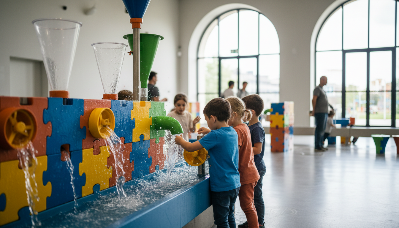 Children interacting with a water play exhibit at the Cit des Enfants, colorful equipment, engaged e