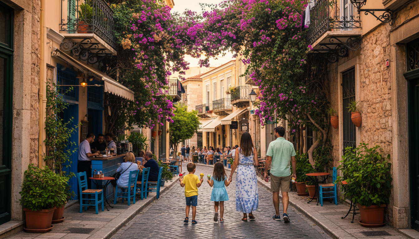 A narrow pedestrian street in Koukaki with bougainvillea cascading from balconies, a small caf with