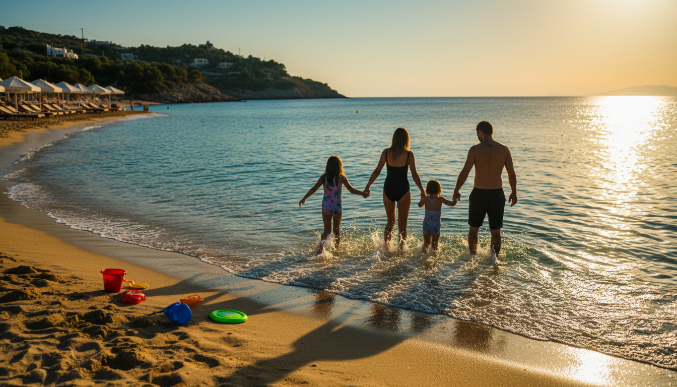A family wading in shallow turquoise water at a Greek beach, beach toys scattered on sand, umbrellas
