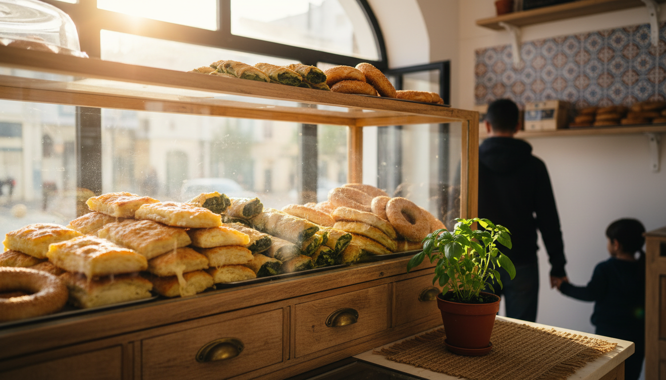 A Greek bakery display case filled with golden cheese pies, spinach pastries, and sesame bread rings