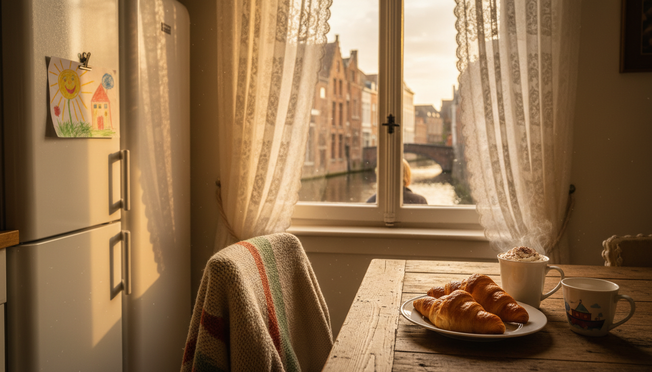 Morning light filtering through lace curtains in a traditional Bruges townhouse kitchen, a childs dr