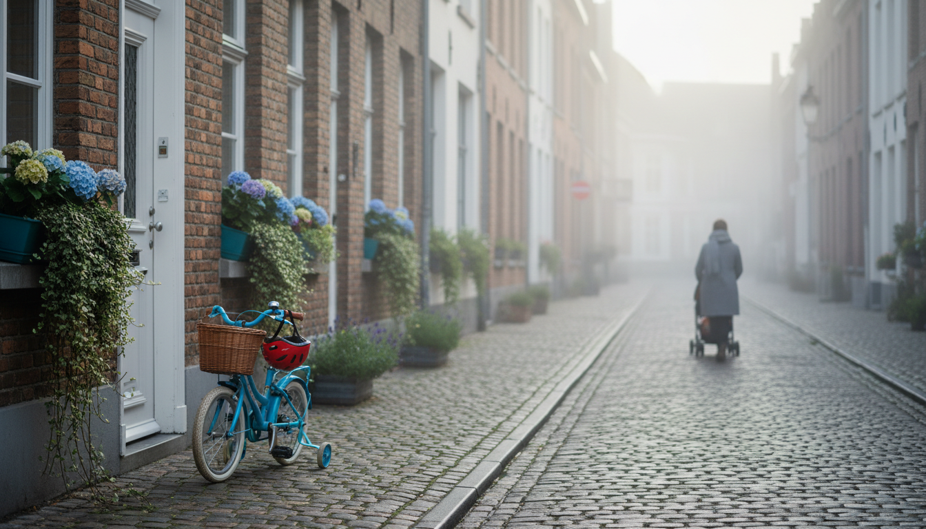 A quiet cobblestone street in Sint-Gillis, Bruges, with brick rowhouses, flower boxes in windows, a