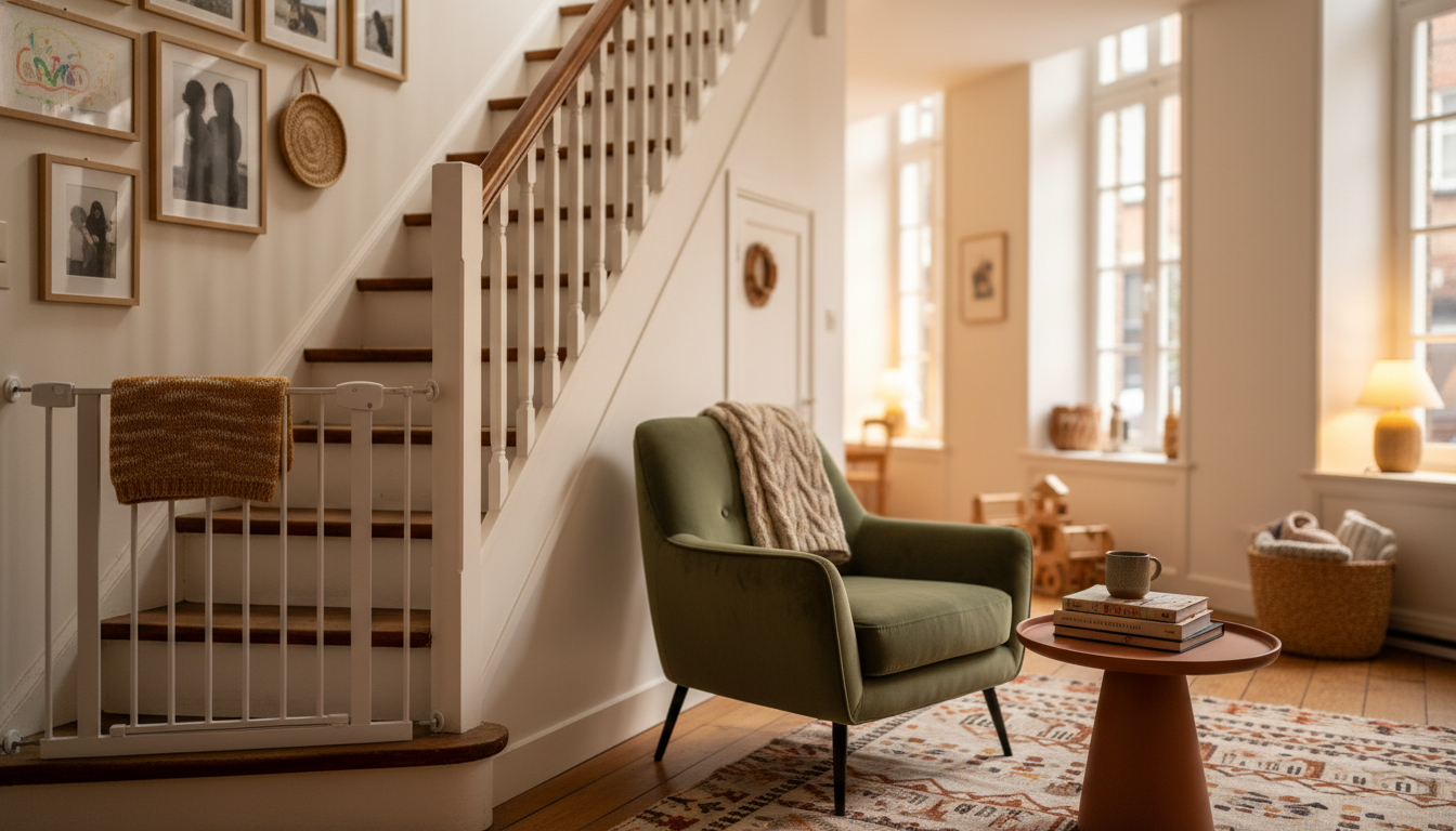 A traditional Belgian townhouse interior showing a steep wooden staircase with a baby gate, warm lig