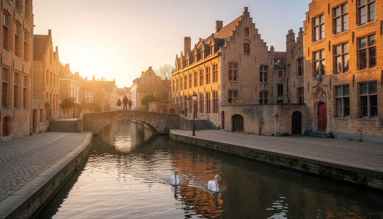 Golden hour light on Bruges canals, a family silhouetted on a small bridge, swans in the water, medi