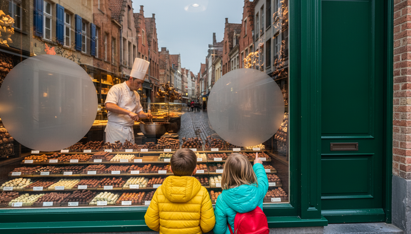 Children watching a chocolatier work through a shop window in Bruges, their breath fogging the glass