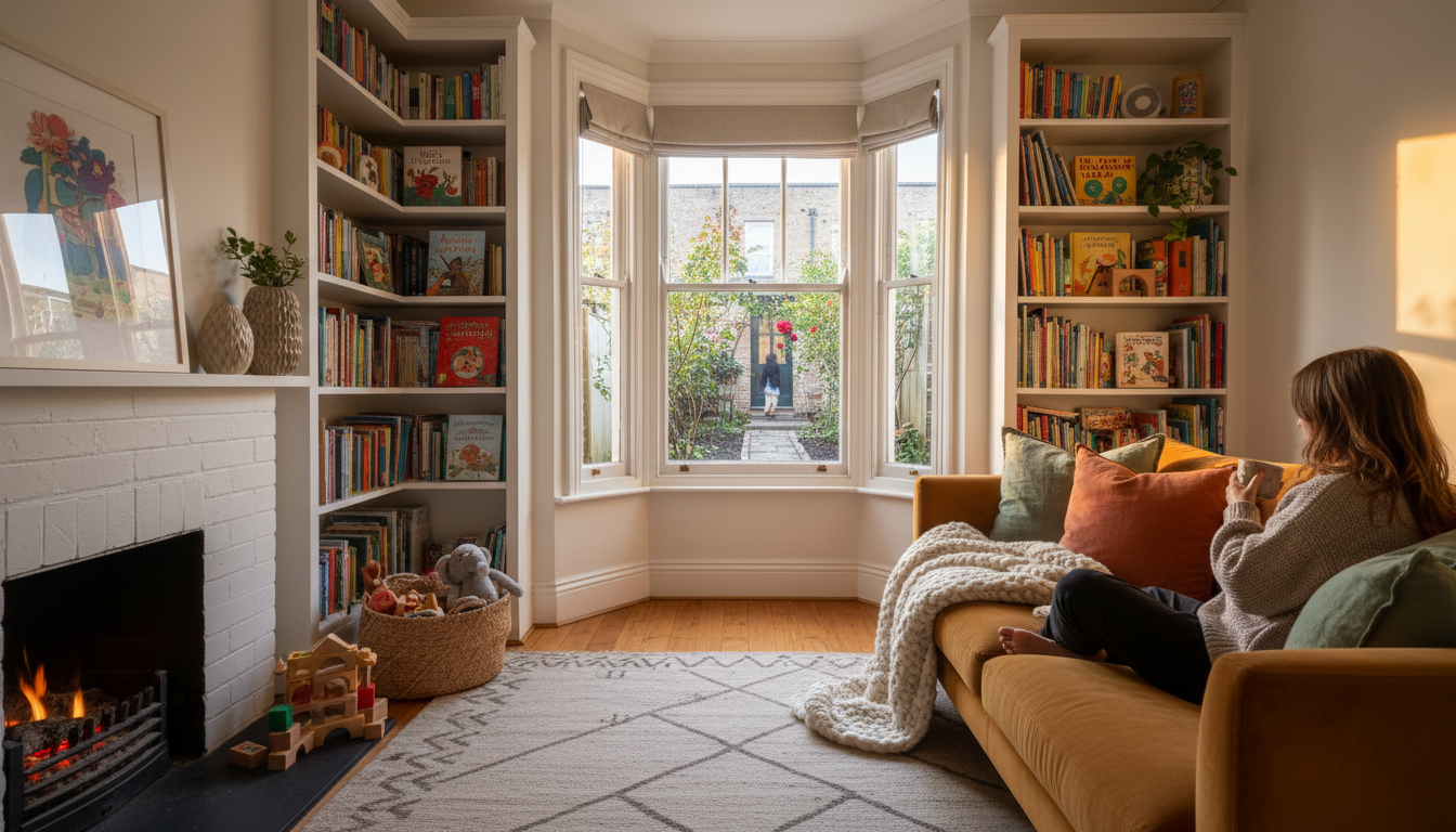 Bright, spacious living room in a Dublin Victorian terraced house with childrens books on shelves, b