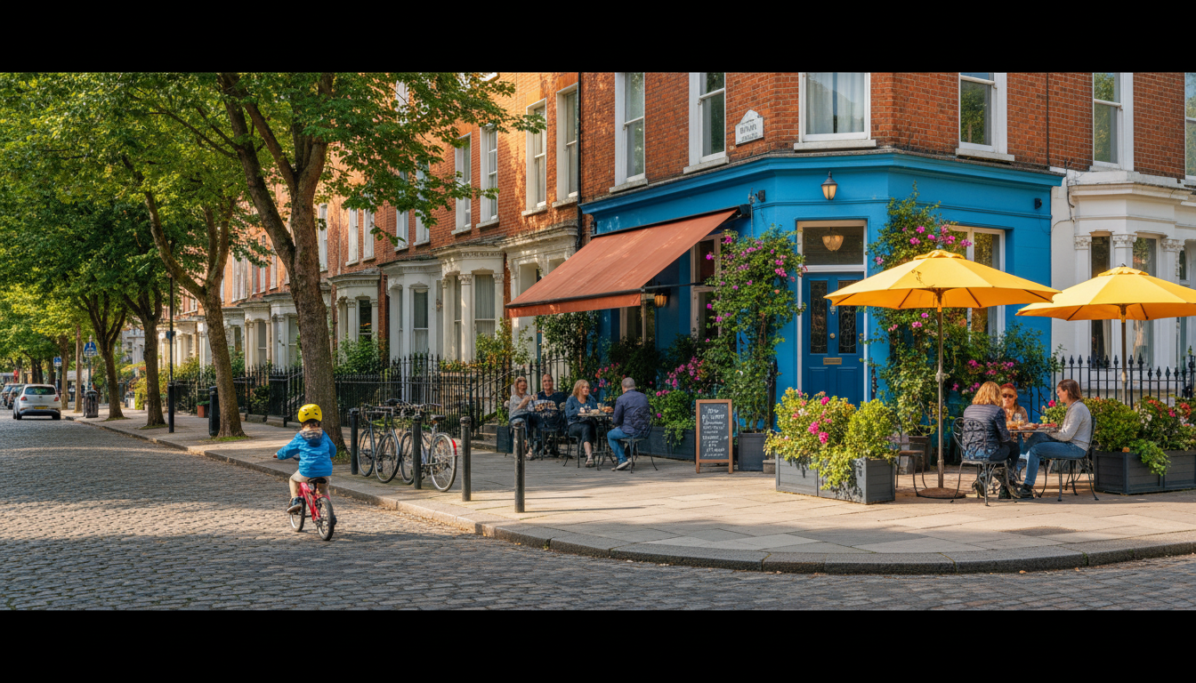 Tree-lined residential street in Ranelagh with Victorian red-brick houses, a child cycling on the pa