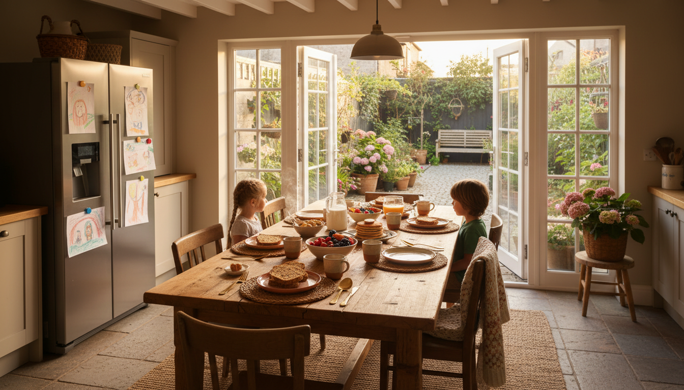 Bright kitchen in a Dublin home with a large wooden table set for family breakfast, childrens drawin