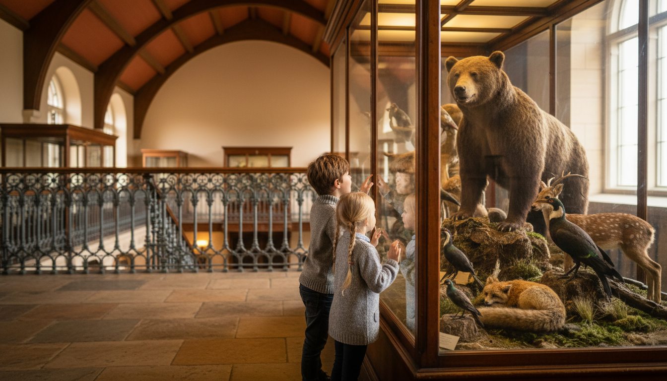 Children peering into a Victorian glass display case at the Natural History Museum, with taxidermied