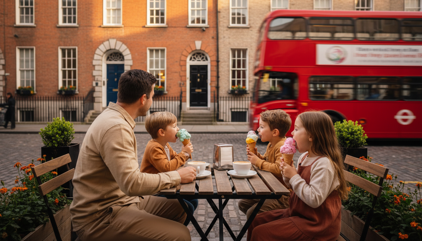 Family seated at an outdoor table at a Dublin caf, children eating ice cream, Georgian buildings vis