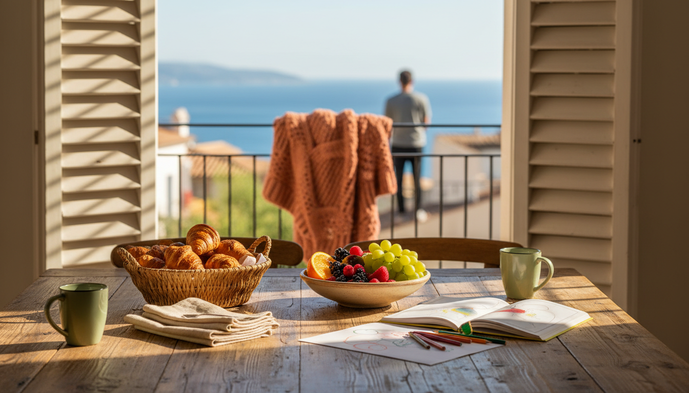 Morning light streaming through shuttered windows onto a breakfast table with croissants, fresh frui