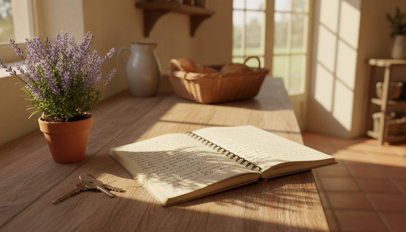 A handwritten notebook open on a kitchen counter next to a set of house keys and a small potted lave