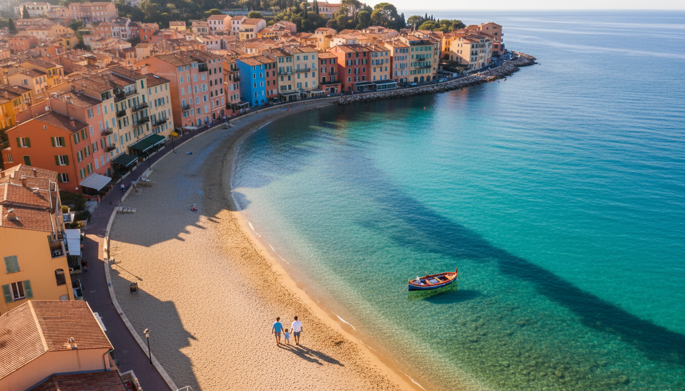 Aerial view of Villefranche-sur-Mers curved bay with colorful buildings, a family visible on the san