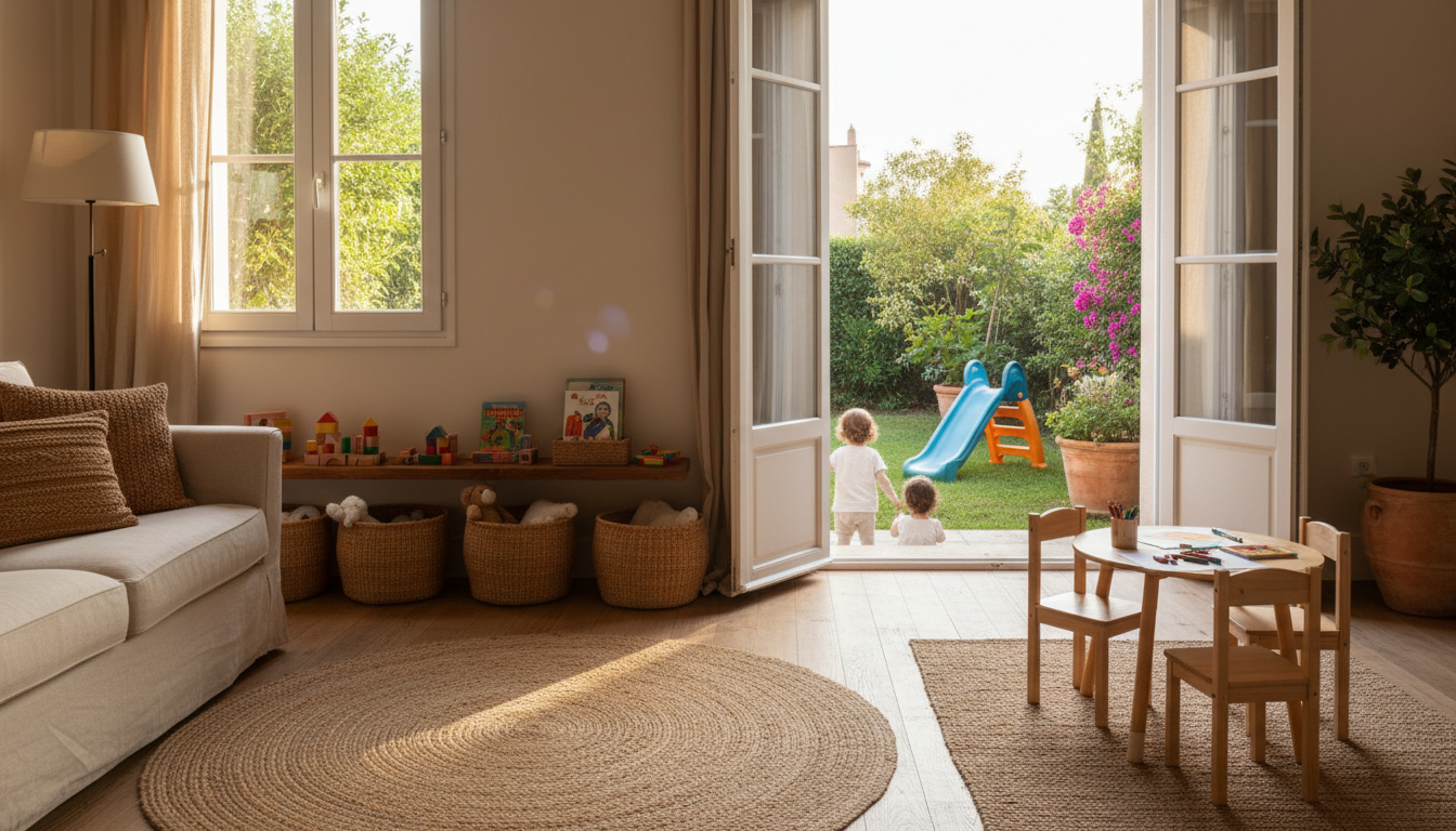 A bright living room with toys neatly stored in baskets, a child-sized table and chairs, and French