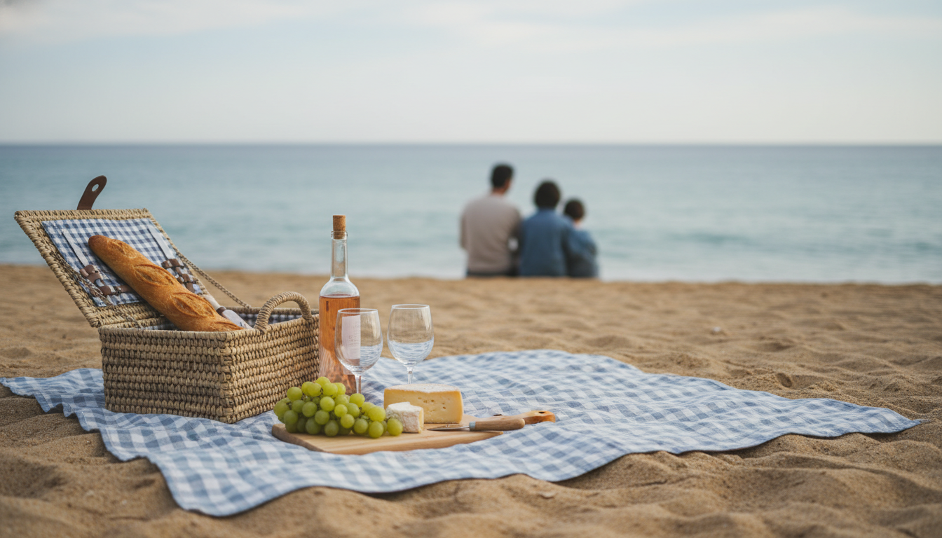 A family picnic spread on a checkered blanket at a beach, with baguette, cheese, grapes, and a bottl