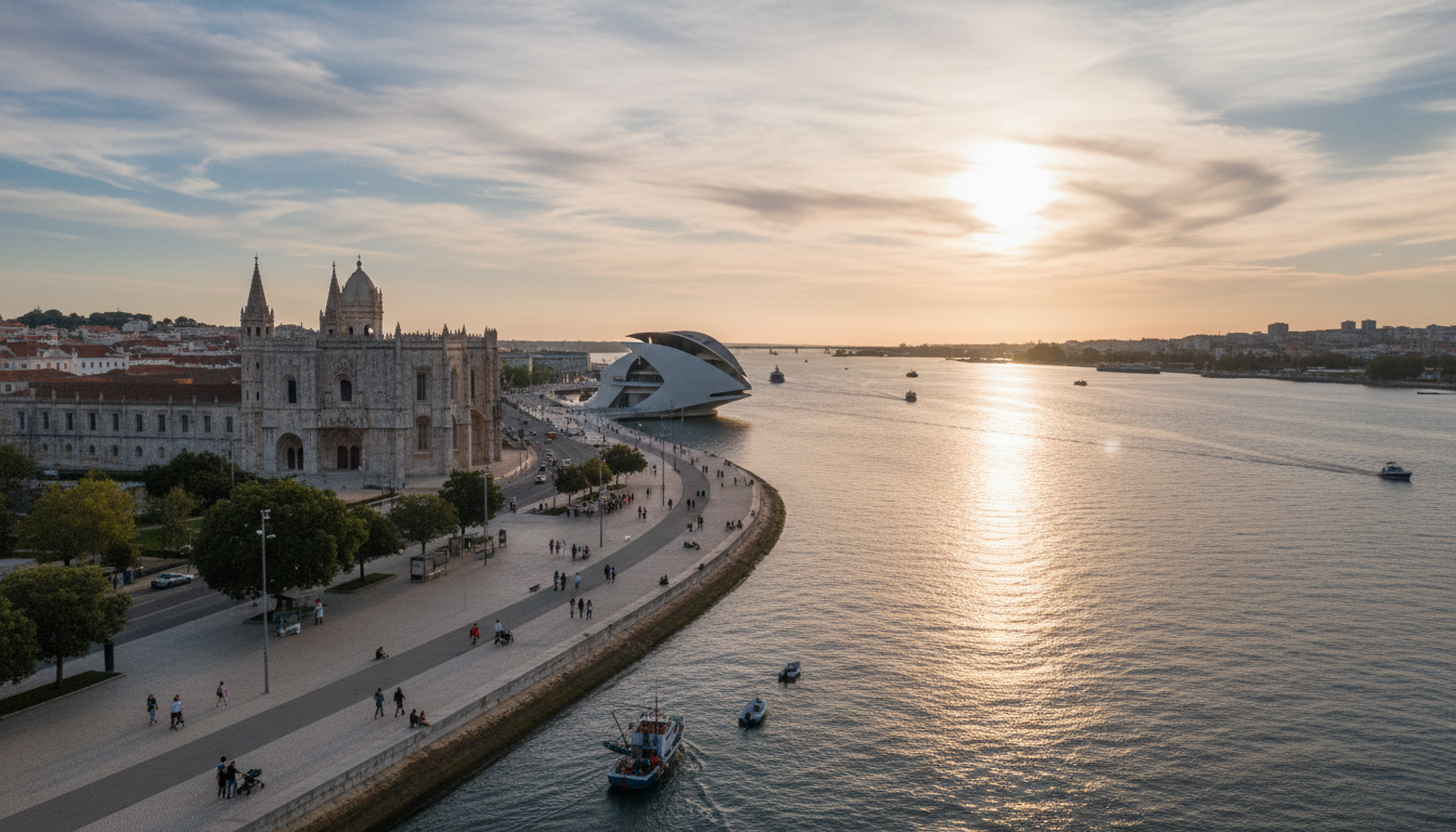 aerial view of Belms waterfront at golden hour, showing the monastery, the modern MAAT museum, famil