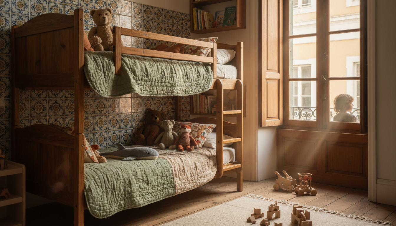 cozy childrens bedroom in a Lisbon apartment with wooden bunk beds, Portuguese tile details on the w