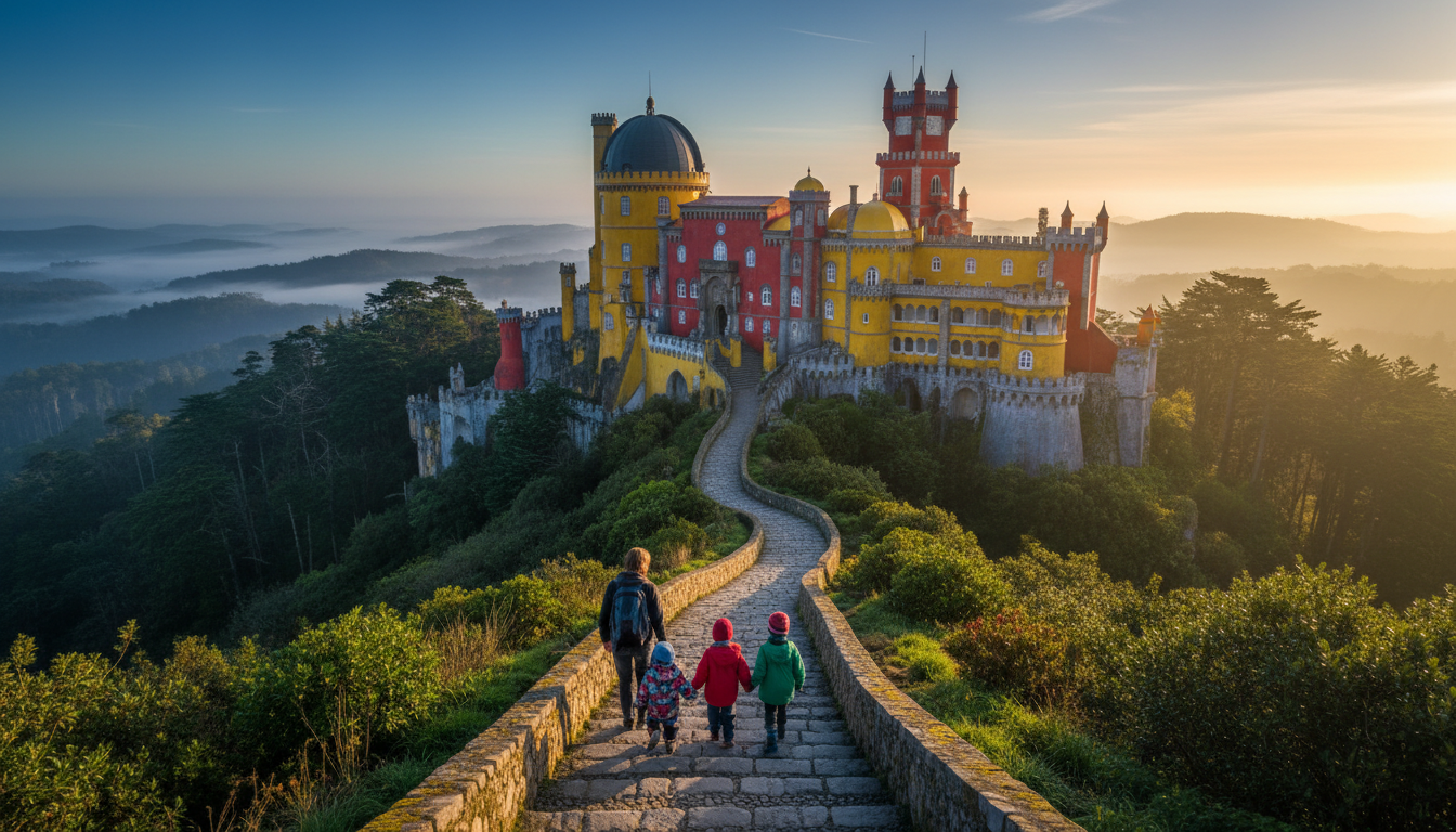 Pena Palace in Sintra with its red and yellow towers emerging from green forest, a family of four wa