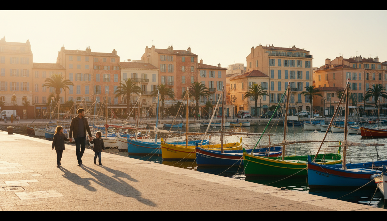Morning light hitting the Vieux-Port harbor with colorful fishing boats, a family walking along the