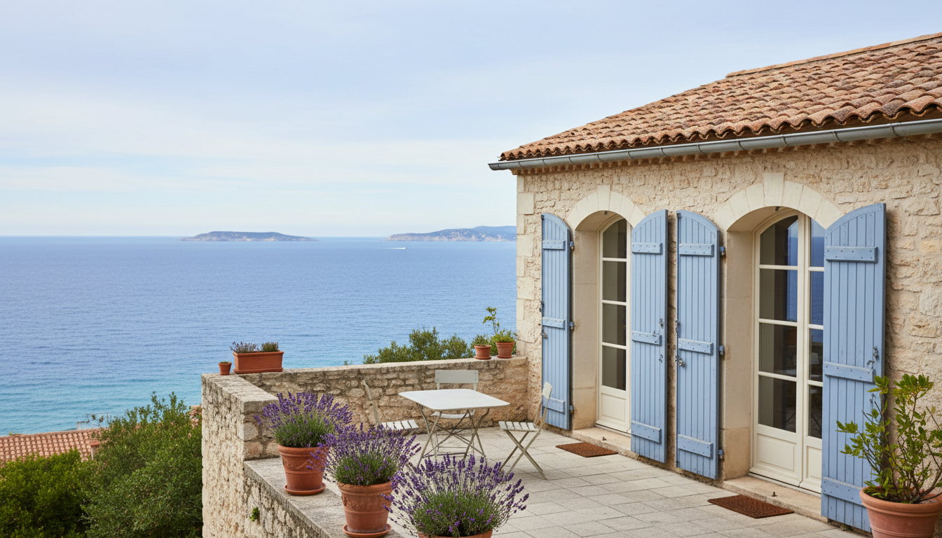 A traditional Marseille house in Endoume with blue shutters, terracotta roof tiles, a small terrace