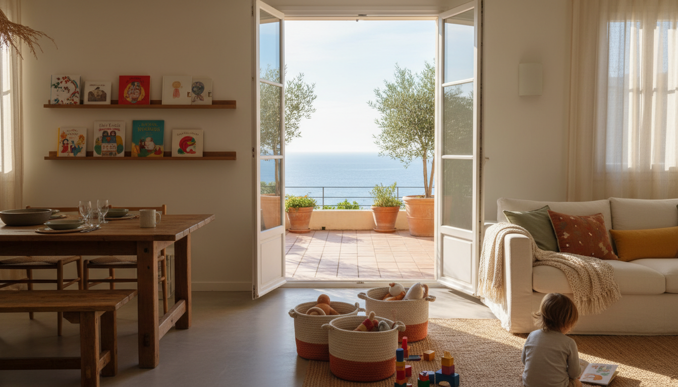 A bright, airy Marseille living room with toys neatly stored in baskets, French doors open to a sunn