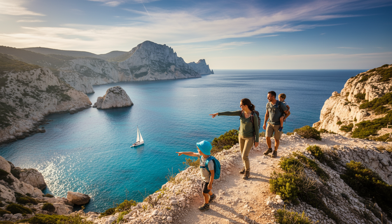 A family hiking along a rocky trail above turquoise water in the Calanques, limestone cliffs in the