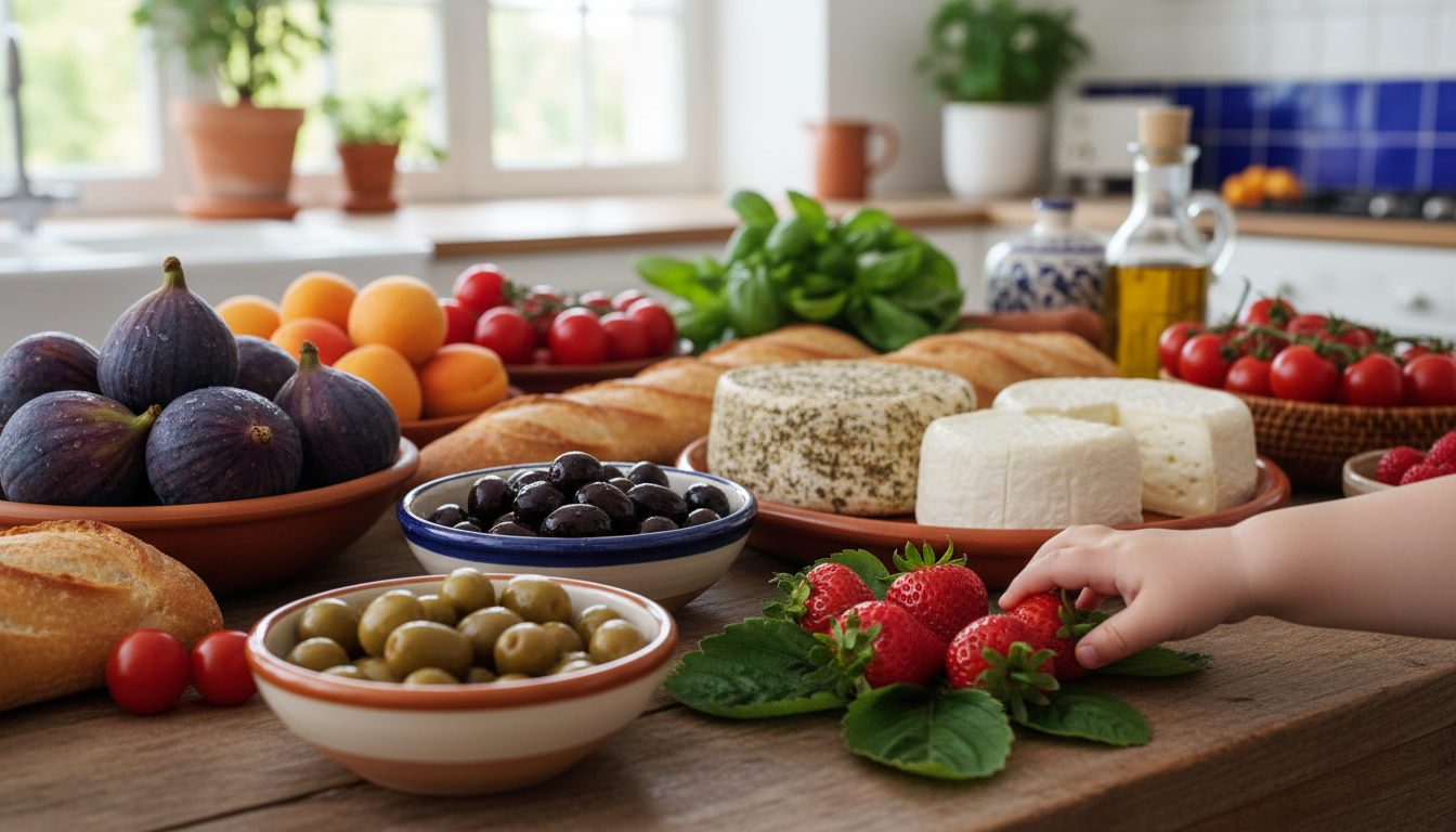 A colorful spread of Marseille market producepurple figs, golden apricots, wheels of cheese, olives