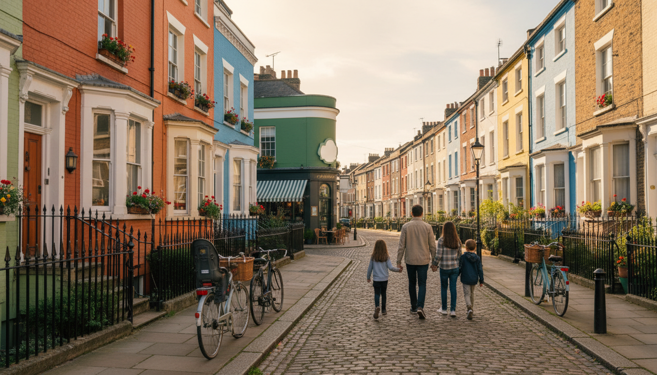 A quiet residential street in Jericho, Oxford, with colorful Victorian terraced houses, bicycles par