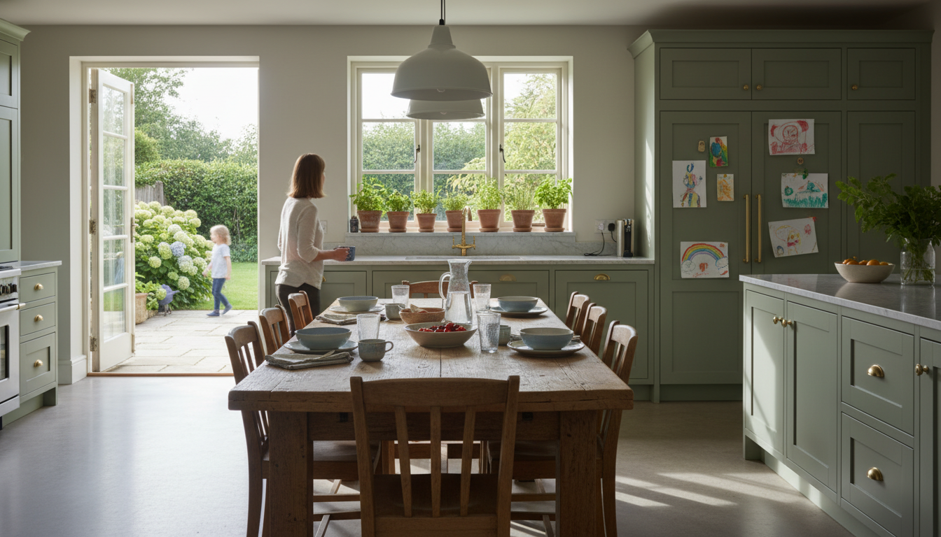 A bright kitchen in an Oxford family home with a wooden dining table set for breakfast, childrens dr