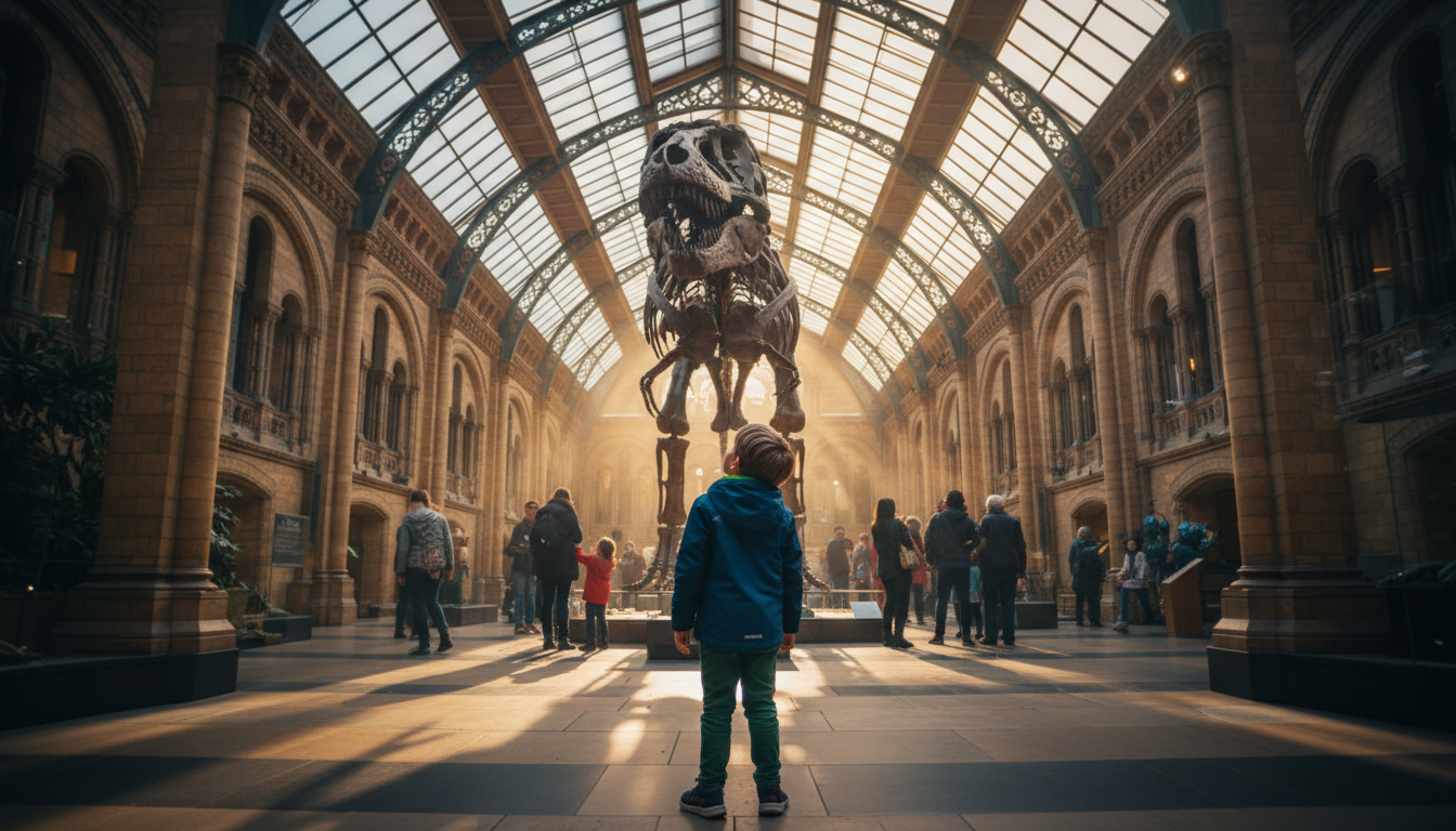 A child gazing up at a towering T-Rex skeleton in Oxfords Natural History Museum, sunlight streaming