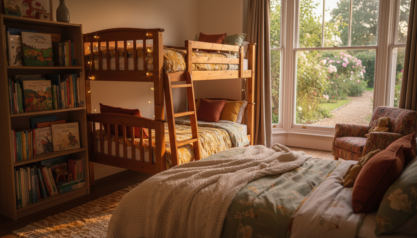A cozy childrens bedroom in an Oxford home with bunk beds, fairy lights, a bookshelf full of picture